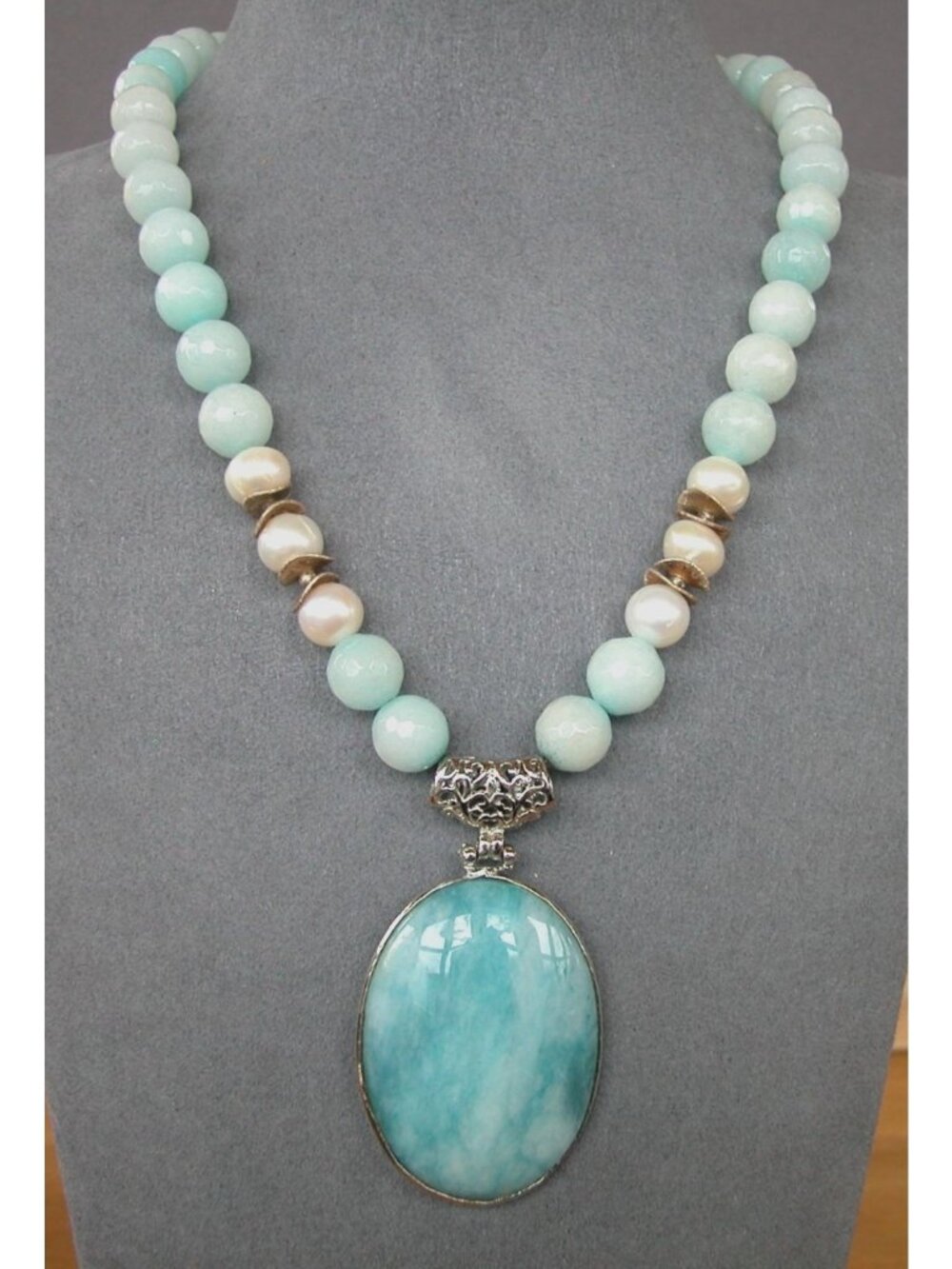 Larimar Pendant Paired with Amazonite Beads & White Pearls